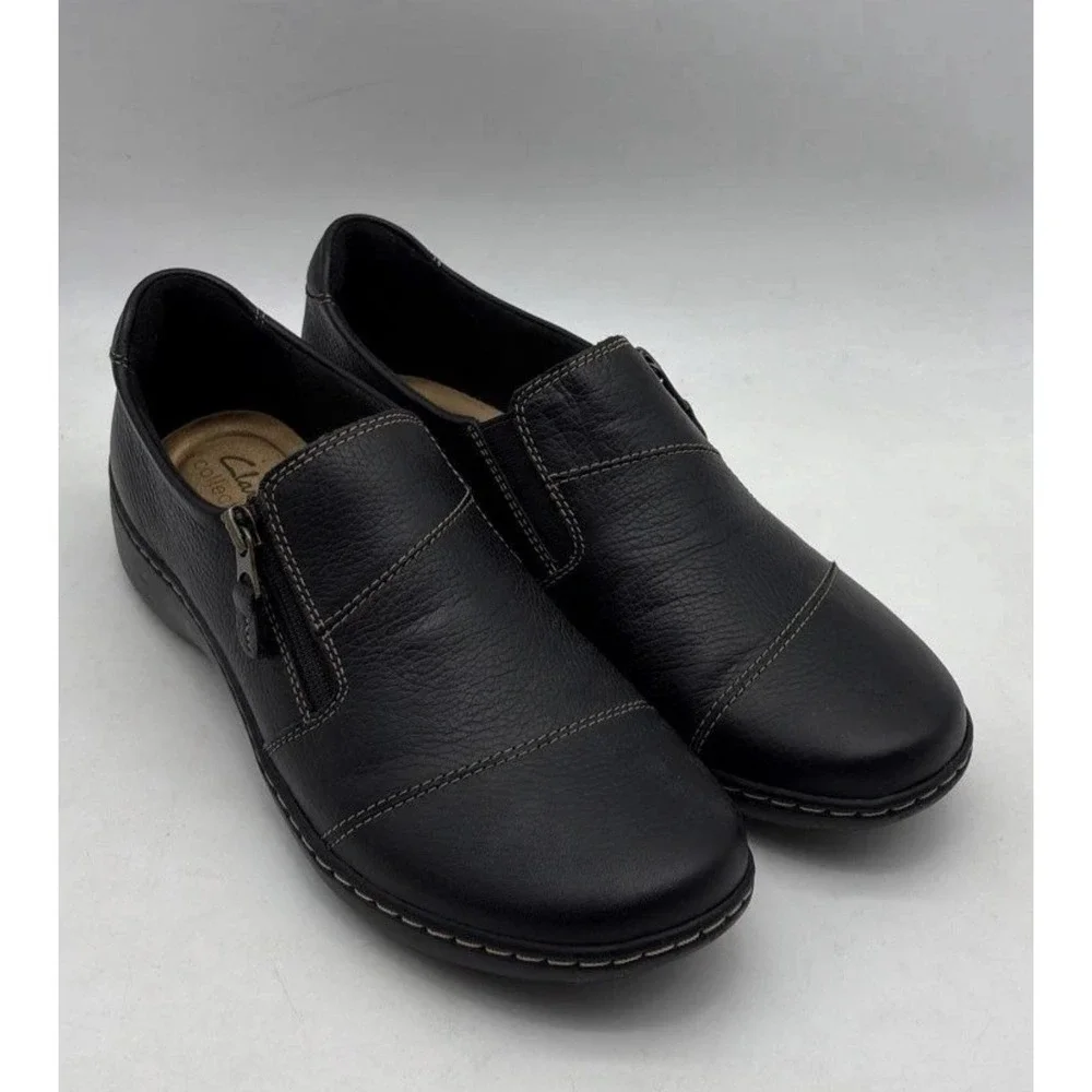 NWT Clarks Cora Harbor Black Leather Loafers Womens 9M Comfort Slip On Shoes